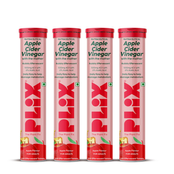 Plix Apple Cider Vinegar Effervescent Tablets with Vitamin B6 & B12, Pack of 4 - Apple