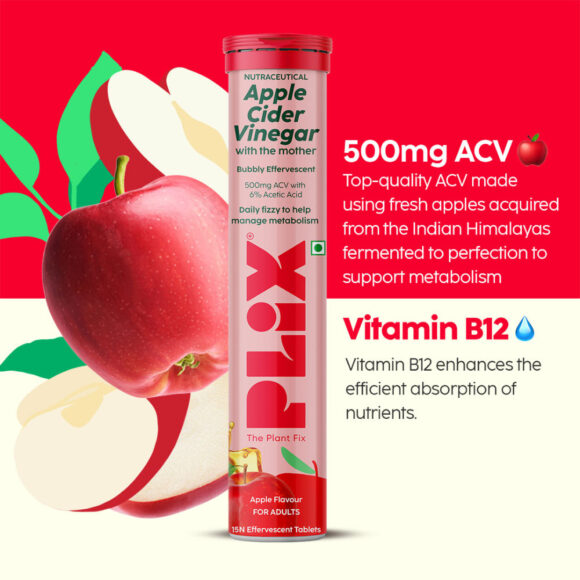 Plix Apple Cider Vinegar Effervescent Tablets with Vitamin B6 & B12, Pack of 4 - Apple - Image 6
